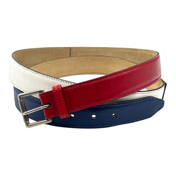 ALAIA Red White Blue Leather Color Block Thin Buckle Belt 70 US 28 Skinny 1.25" - Picture 3 of 14